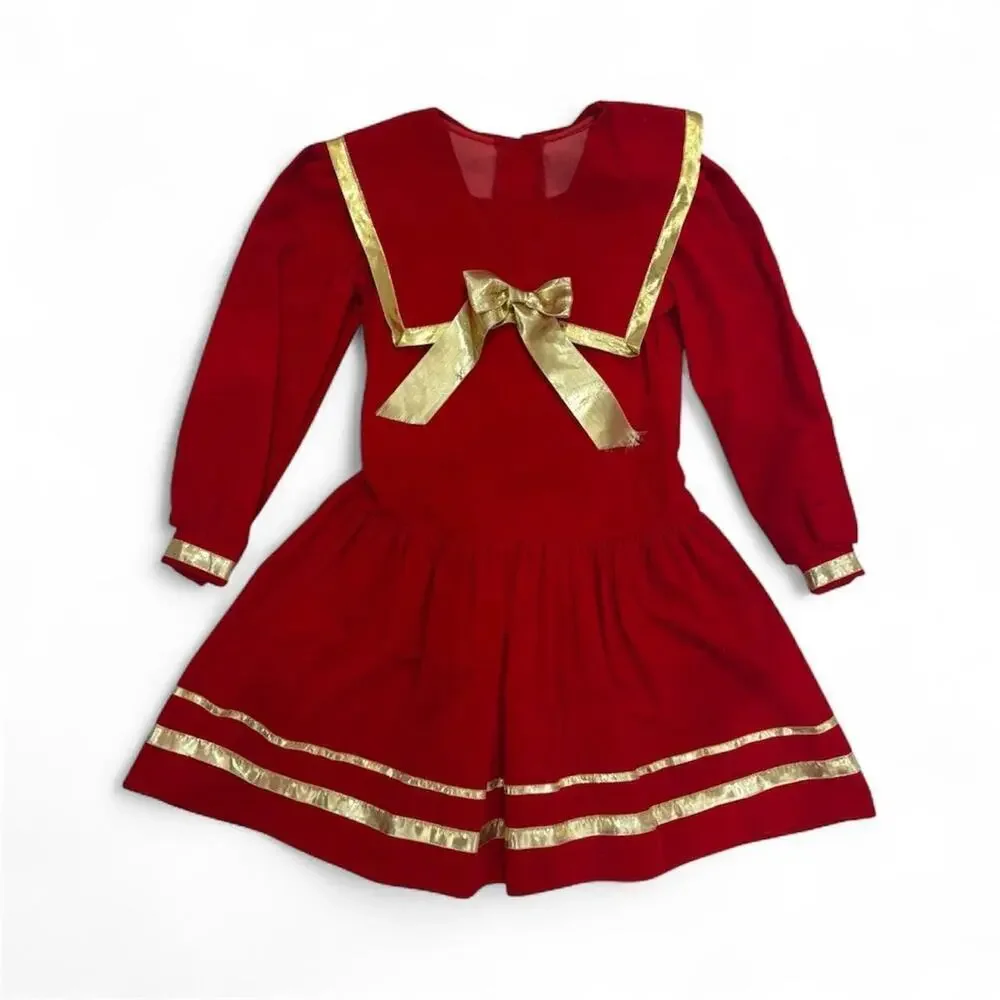 Vintage 1990s Red Gold Bow Dress Jo Lene Christmas Holiday Party
